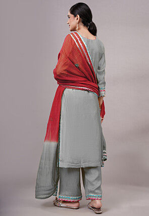 Embroidered Chanderi Silk Pakistani Suit in Grey