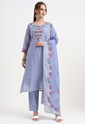 Embroidered Chanderi Silk Pakistani Suit in Light Blue