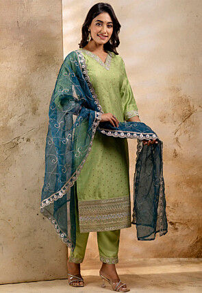 Embroidered Chanderi Silk Pakistani Suit in Light Green