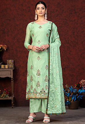 Embroidered Chanderi Silk Pakistani Suit in Light Green