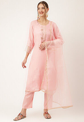 Embroidered Chanderi Silk Pakistani Suit in Light Pink