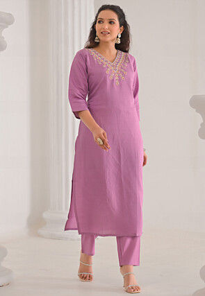 Embroidered Chanderi Silk Pakistani Suit in Light Purple