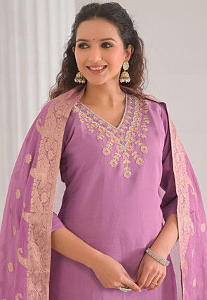 Embroidered Chanderi Silk Pakistani Suit in Light Purple