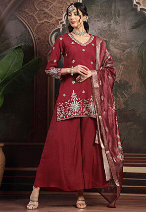 Embroidered Chanderi Silk Pakistani Suit in Maroon