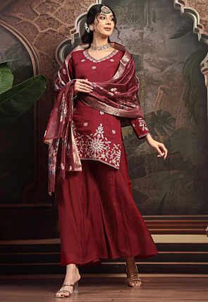 Embroidered Chanderi Silk Pakistani Suit in Maroon