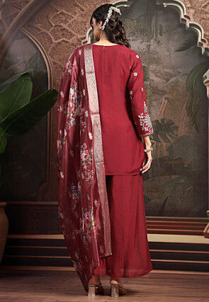 Embroidered Chanderi Silk Pakistani Suit in Maroon