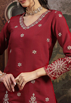 Embroidered Chanderi Silk Pakistani Suit in Maroon