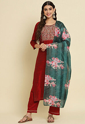 Embroidered Chanderi Silk Pakistani Suit in Maroon
