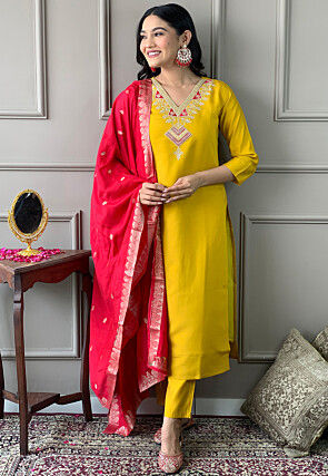 Embroidered Chanderi Silk Pakistani Suit in Mustard