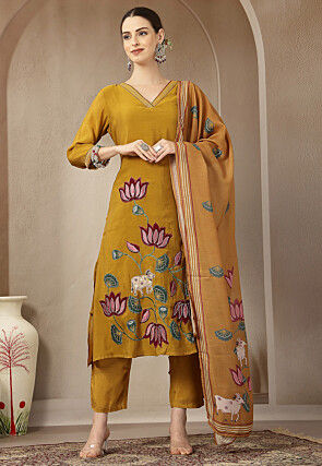 Embroidered Chanderi Silk Pakistani Suit in Mustard