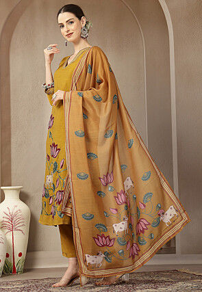 Embroidered Chanderi Silk Pakistani Suit in Mustard
