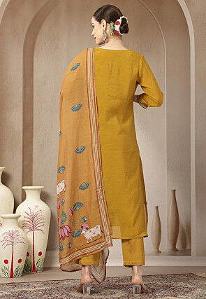 Embroidered Chanderi Silk Pakistani Suit in Mustard
