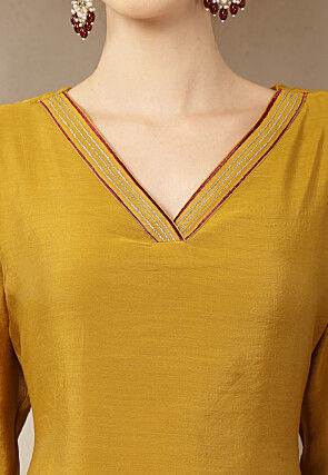 Embroidered Chanderi Silk Pakistani Suit in Mustard