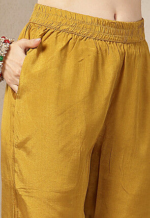 Embroidered Chanderi Silk Pakistani Suit in Mustard