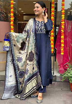 Embroidered Chanderi Silk Pakistani Suit in Navy Blue