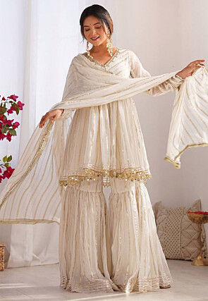 Embroidered Neckline Chanderi Silk Pakistani Suit in Off White