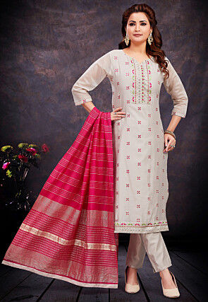 Embroidered Chanderi Silk Pakistani Suit in Off White