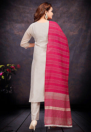 Embroidered Chanderi Silk Pakistani Suit in Off White