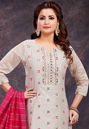 Embroidered Chanderi Silk Pakistani Suit in Off White