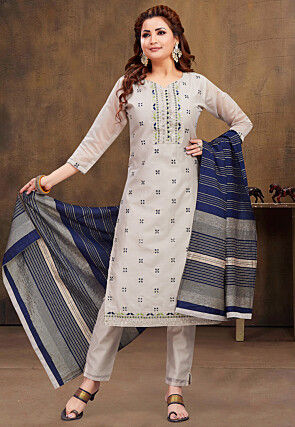 Embroidered Chanderi Silk Pakistani Suit in Off White