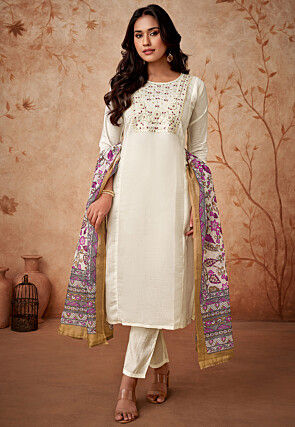Embroidered Chanderi Silk Pakistani Suit in Off White