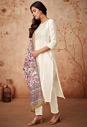 Embroidered Chanderi Silk Pakistani Suit in Off White