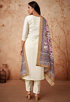 Embroidered Chanderi Silk Pakistani Suit in Off White