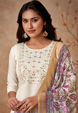 Embroidered Chanderi Silk Pakistani Suit in Off White