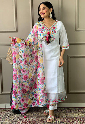 Embroidered Chanderi Silk Pakistani Suit in Off White