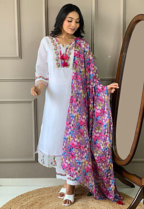 Embroidered Chanderi Silk Pakistani Suit in Off White