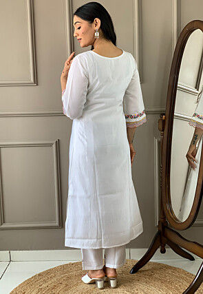 Embroidered Chanderi Silk Pakistani Suit in Off White