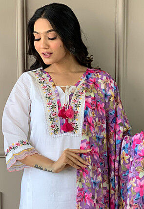 Embroidered Chanderi Silk Pakistani Suit in Off White
