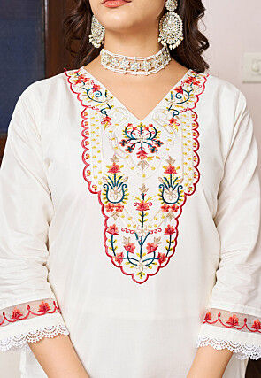 Embroidered Chanderi Silk Pakistani Suit in Off White