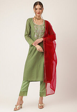 Embroidered Chanderi Silk Pakistani Suit in Olive Green