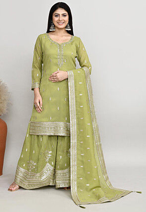 Embroidered Chanderi Silk Pakistani Suit in Olive Green