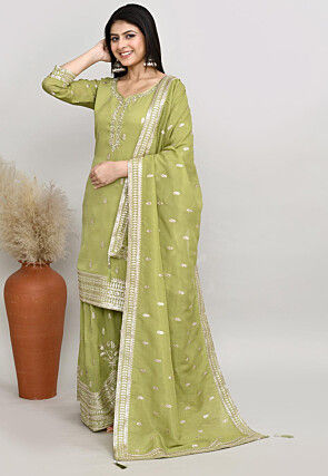 Embroidered Chanderi Silk Pakistani Suit in Olive Green