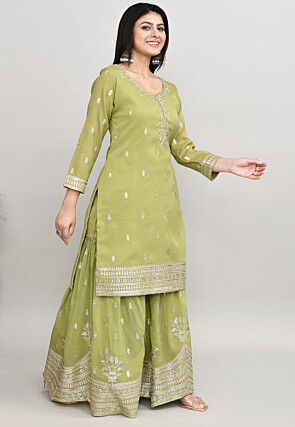 Embroidered Chanderi Silk Pakistani Suit in Olive Green