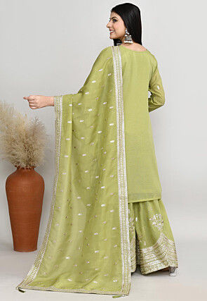 Embroidered Chanderi Silk Pakistani Suit in Olive Green
