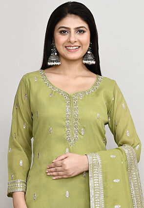 Embroidered Chanderi Silk Pakistani Suit in Olive Green