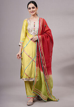 Embroidered Chanderi Silk Pakistani Suit in Olive Green