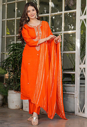 Embroidered Chanderi Silk Pakistani Suit in Orange