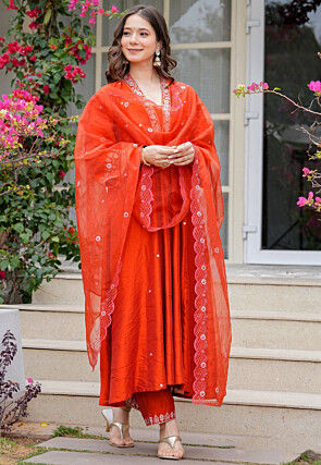 Embroidered Chanderi Cotton Pakistani Suit in Orange