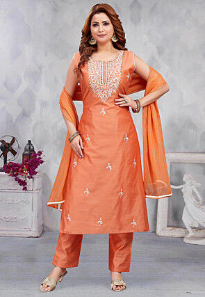 Designer Orange Color Chanderi Dress Material