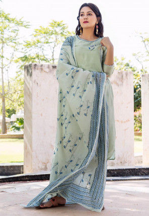 Embroidered Chanderi Silk Pakistani Suit in Pastel Green