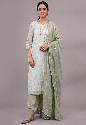 Embroidered Chanderi Silk Pakistani Suit in Pastel Green