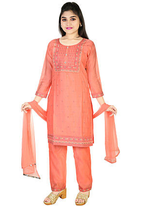 Embroidered Chanderi Silk Pakistani Suit in Peach Orange