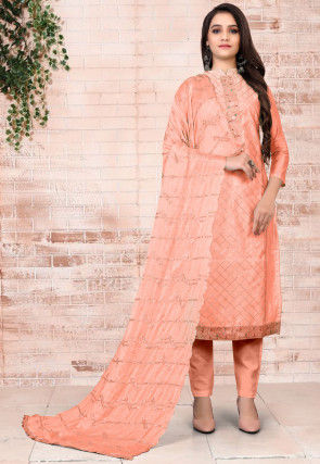 Embroidered Chanderi Silk Pakistani Suit in Peach