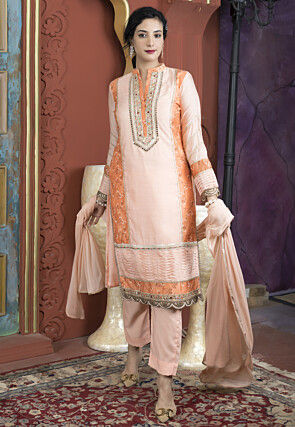Embroidered Chanderi Silk Pakistani Suit in Peach
