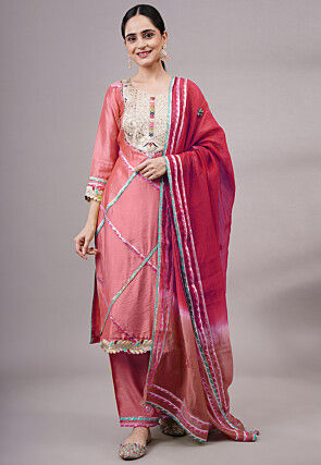 Embroidered Chanderi Silk Pakistani Suit in Peach