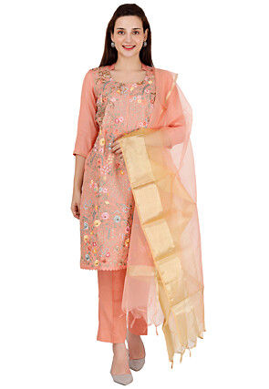 Embroidered Chanderi Silk Pakistani Suit in Peach